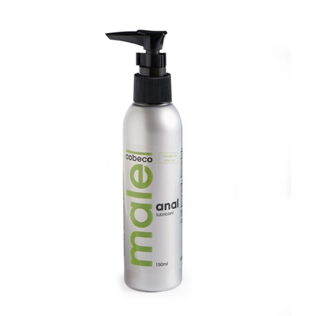 Silberne Flasche mit schwarzem Pumpkopf. Aufschrift: male anal lubricant. Marke: Cobeco.