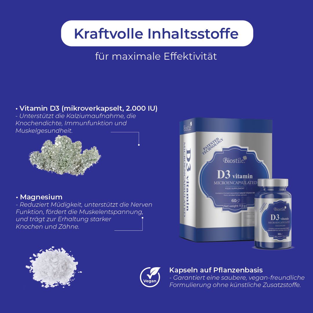Biostile BMT D3 Vitamin, Mikroverkapselt, mit Flasche und Schachtel. Text über Inhaltsstoffe und Kapseln.