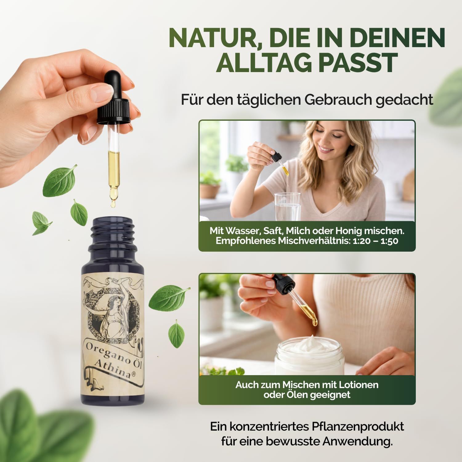Dunkelblaue Glasflasche mit Pipette, Etikett mit "Oregano Oil Athina" Aufschrift und einer Zeichnung.