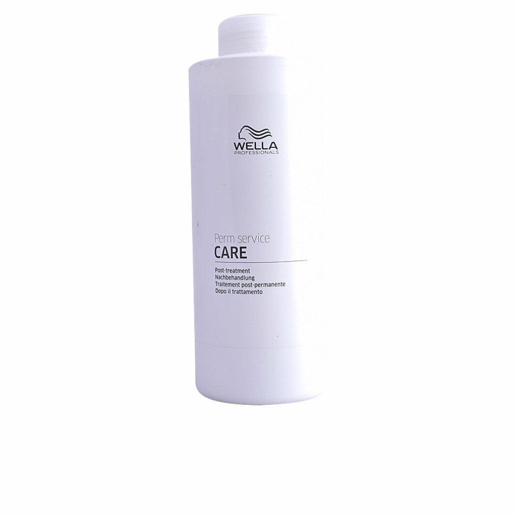 Weiße Flasche mit Wella-Logo und Schriftzug 'Perm service CARE'. Text darunter: Post treatment, Nachbehandlung, Traitement post-permanente, Dopo il trattamento.