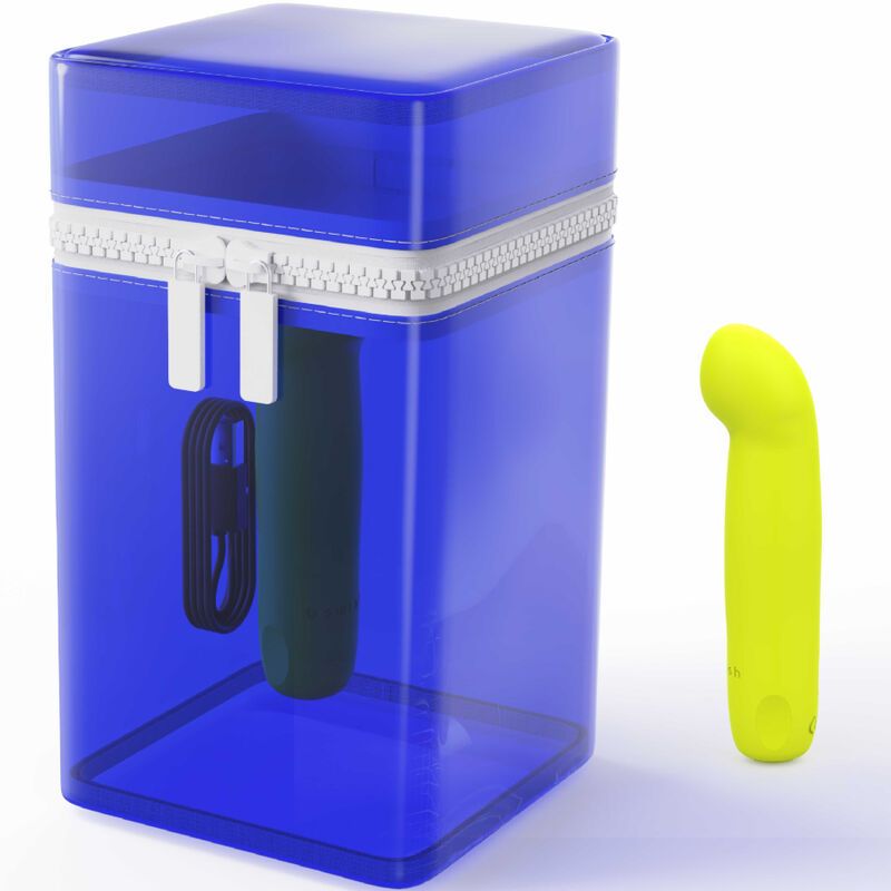 Gelber Vibrator neben einer transparenten blauen Aufbewahrungsbox mit Reißverschluss. Enthält einen Vibrator und ein Ladekabel.