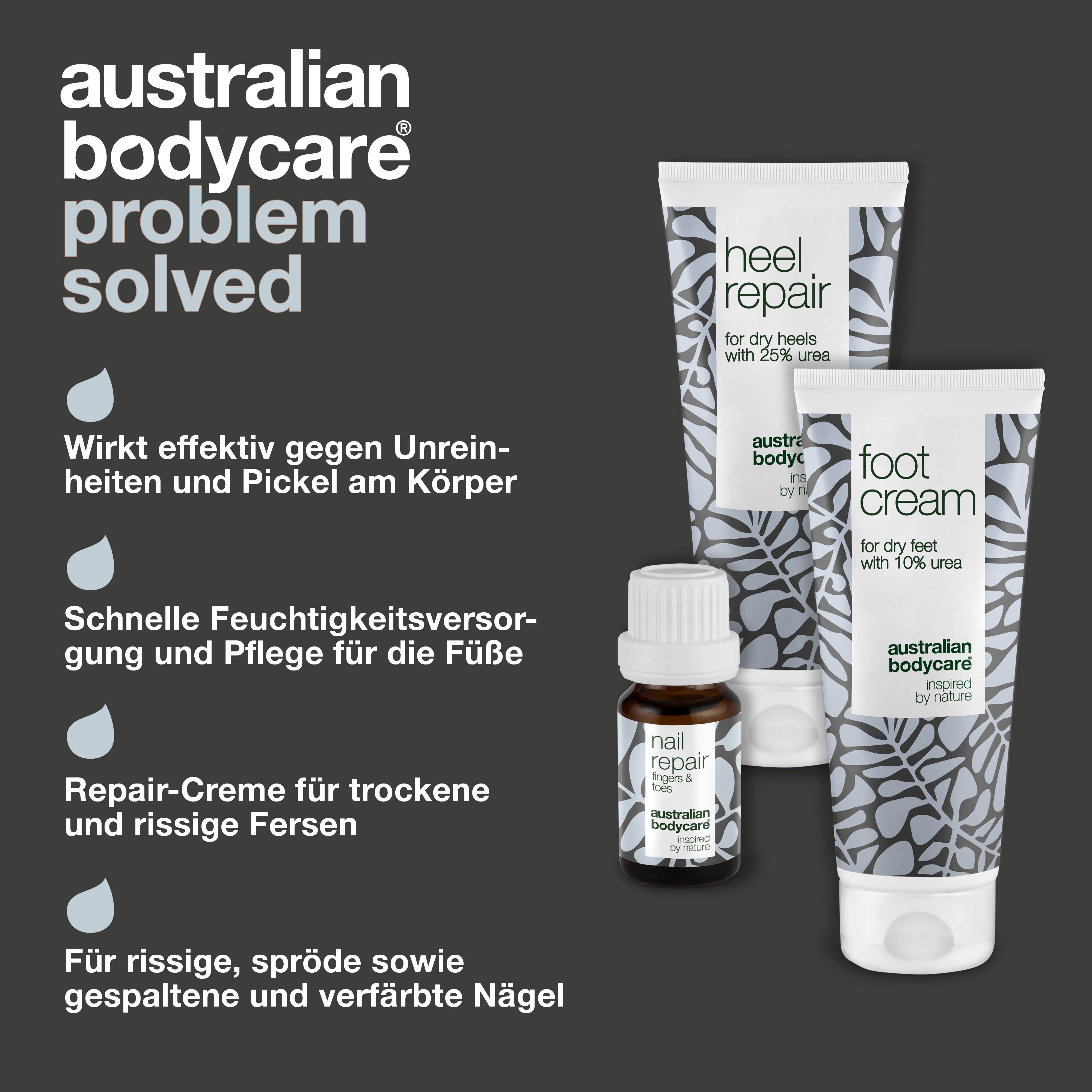 Drei Produkte: Heel Repair, Foot Cream, Nail Repair. Aufschrift: Australian Bodycare. Text: Problem gelöst.