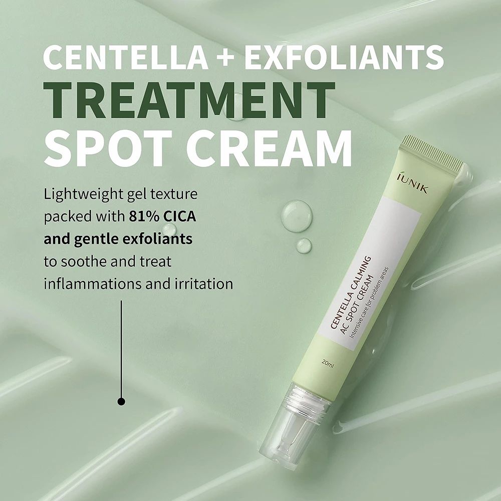 Grüne Tube mit Text. Produktname: Centella Calming AC Spot Cream. Text: Behandlung, Spot Cream.