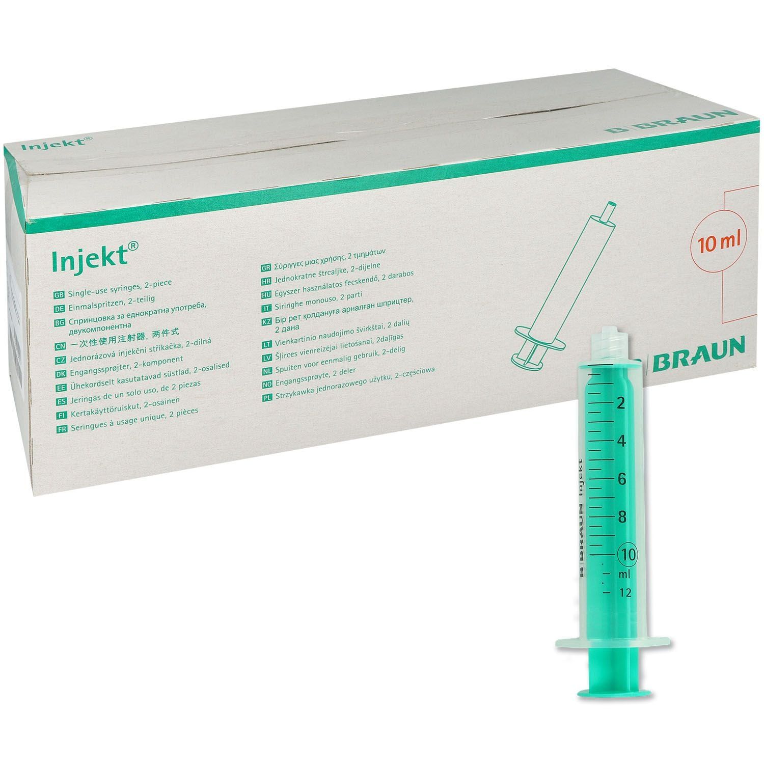B. Braun Injekt® Luer Solo Einmalspritze mit Luer-Ansatz. Grüne Spritze mit Skala, neben Karton. 10 ml.