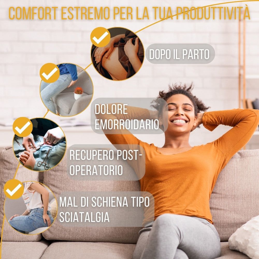 Donna sul divano. Indicazioni: post-partum, emorroidi, chirurgia, mal di schiena.
