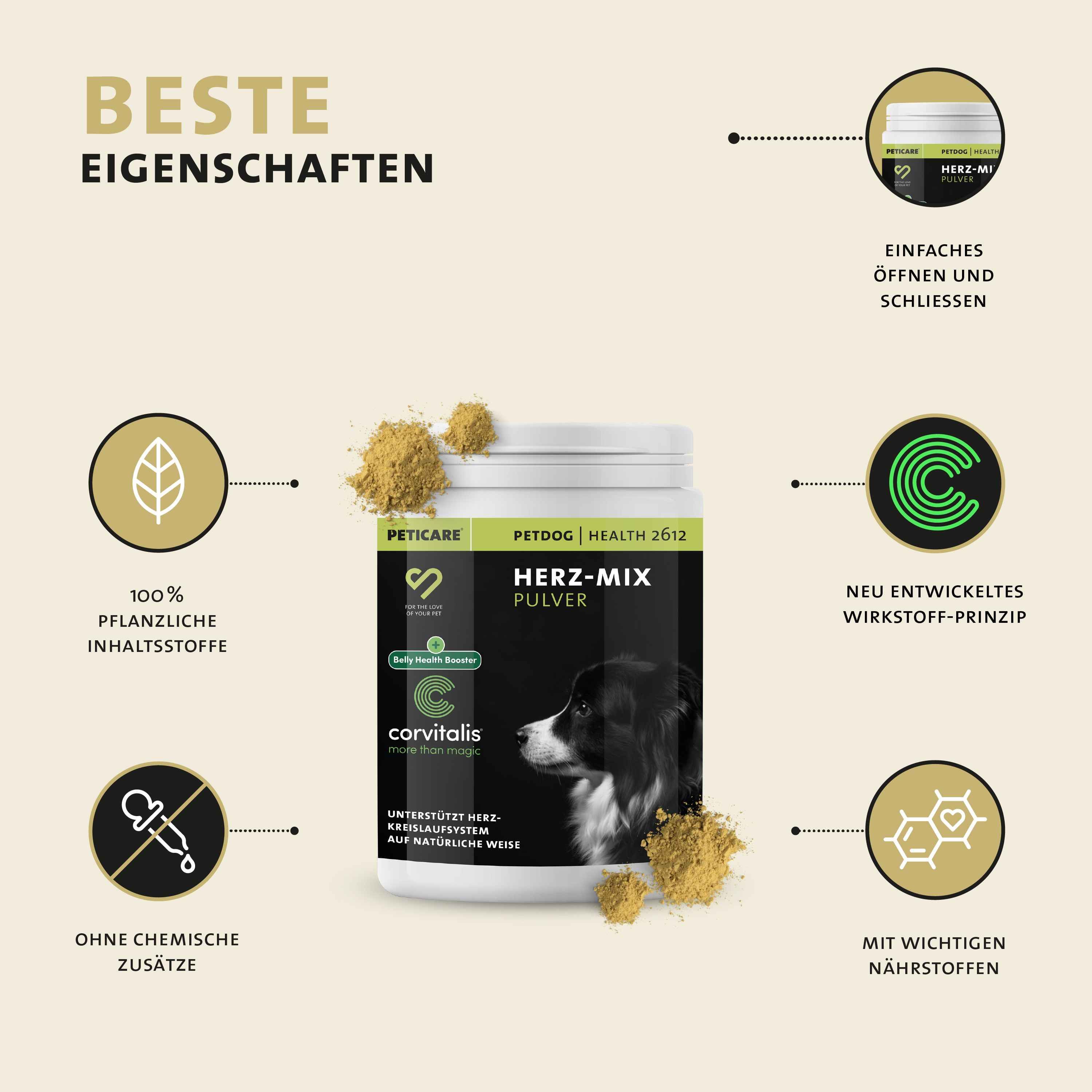Peticare Natürliches Ergänzungsfutter für Herz & Kreislauf Pulver für Hunde