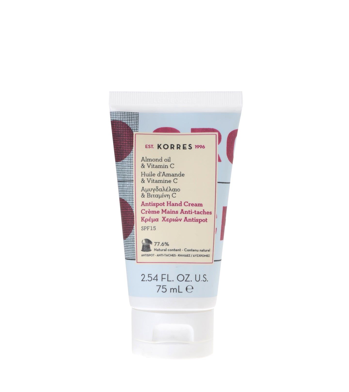 KORRES Handcreme. Tube mit weißem Deckel. Text: Almond Oil & Vitamin C, Anti-Spot Hand Cream, SPF15. 75 ml.