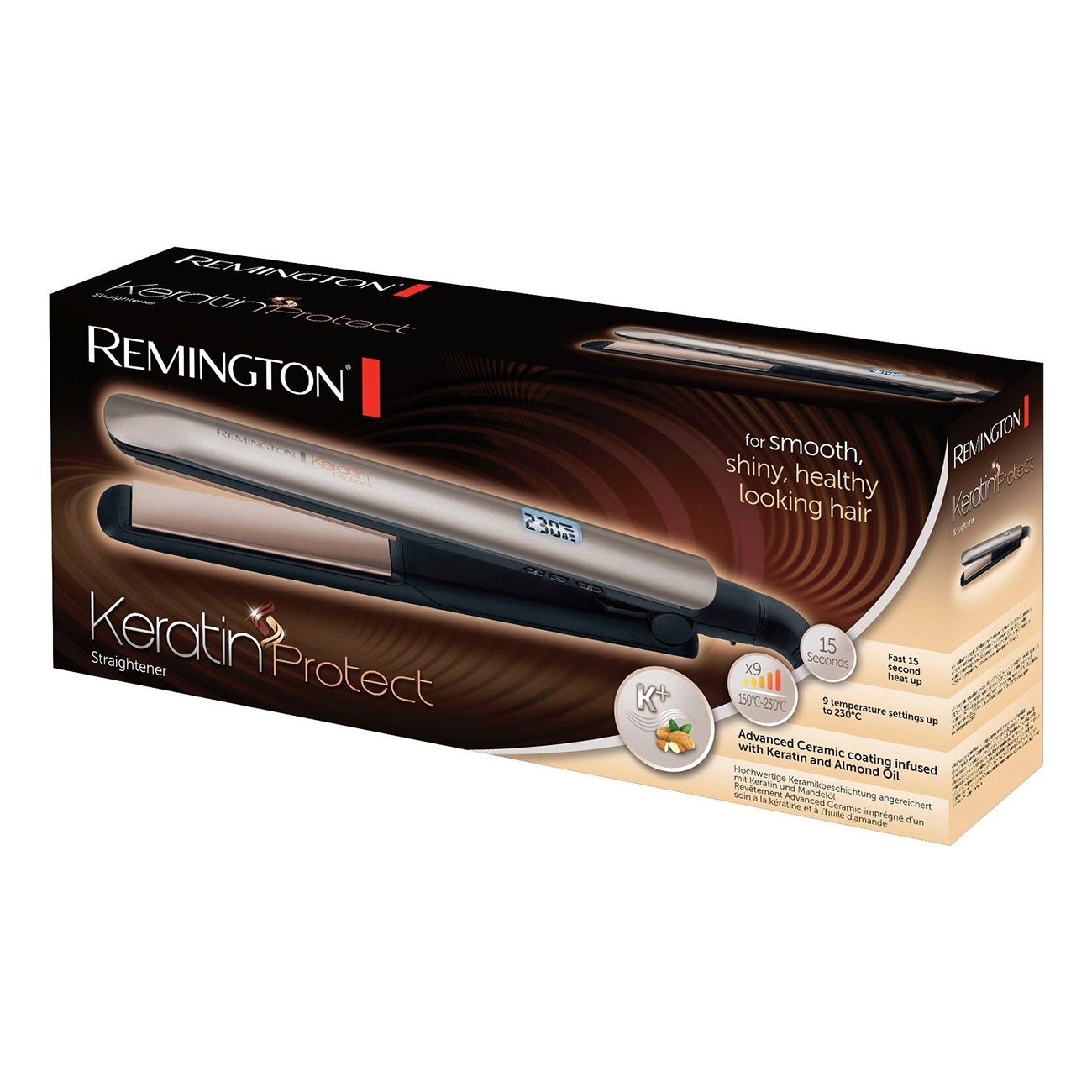 Verpackung der Remington Keratin Protect Haarglätter. Produktabbildung. Text: Keratin Protect, Straightener.