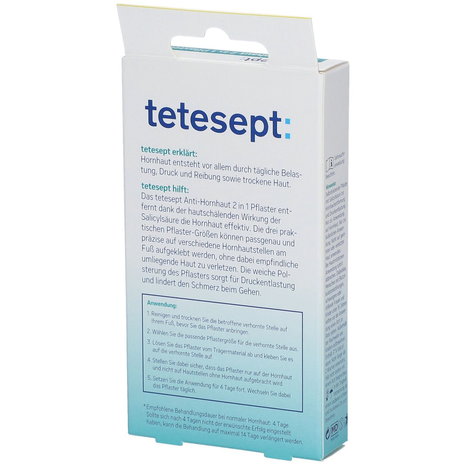 Rückseite der tetesept® Anti-Hornhaut 2 in 1 Pflaster Packung. Textinformationen und Anwendungsanleitung.