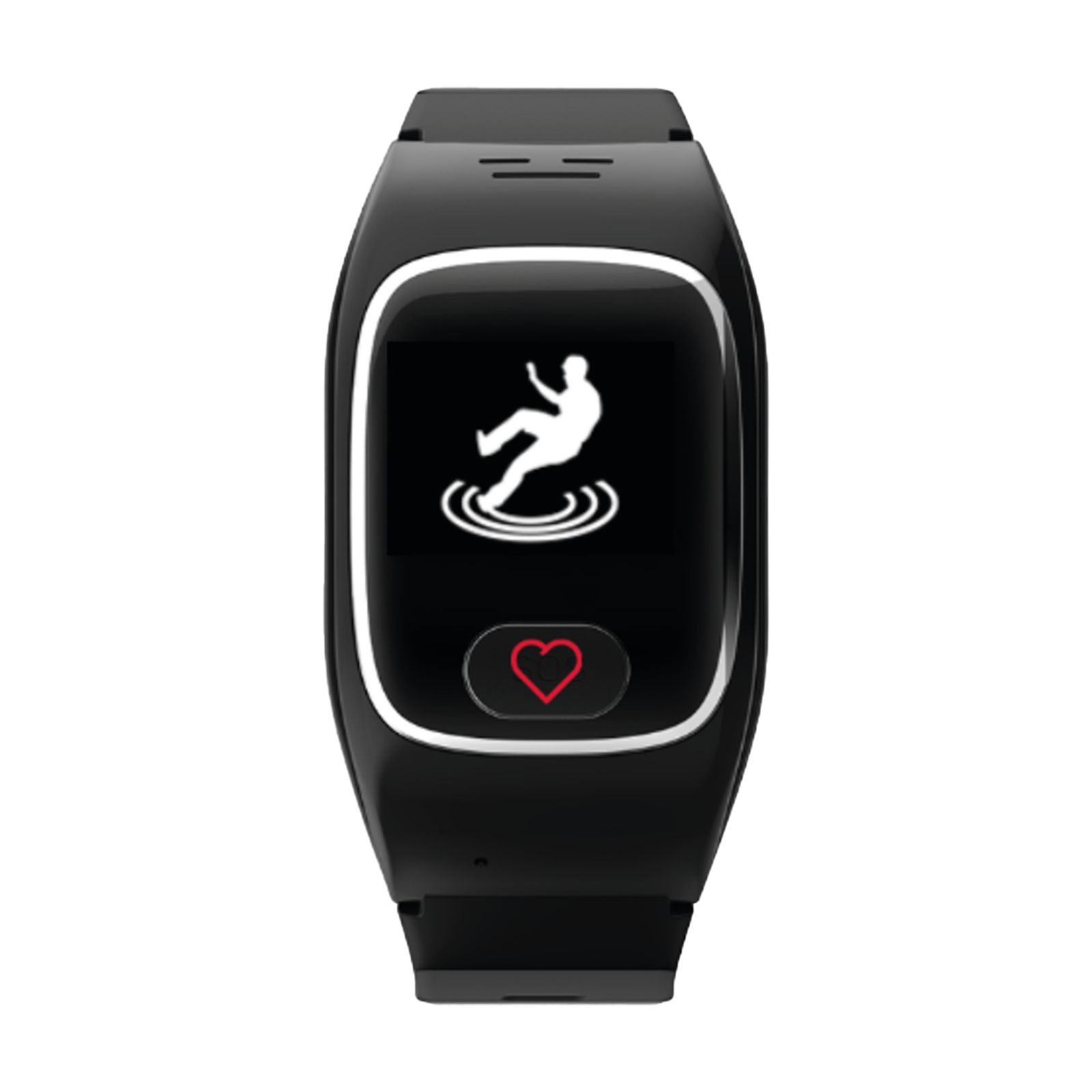 Schwarze Smartwatch mit Herzfrequenzsensor. Display zeigt Sturzerkennungssymbol.