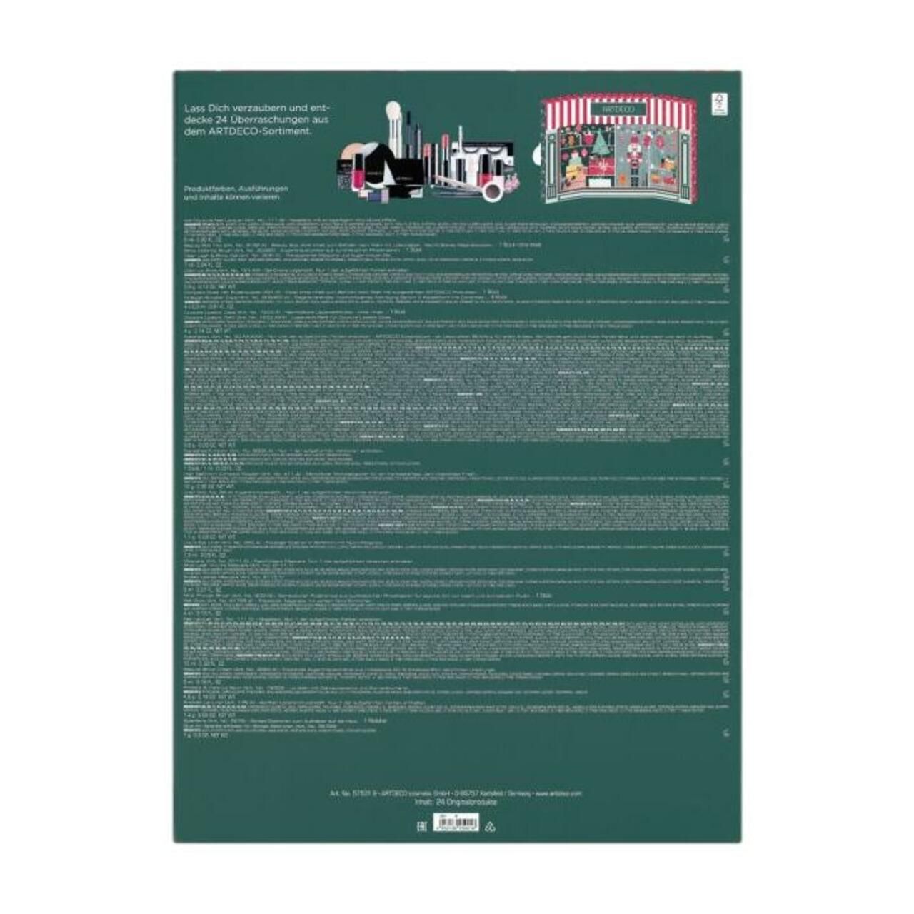 Rückseite des Adventskalenders. Text in deutscher Sprache. Enthält Produktinformationen und Inhaltsstoffe.