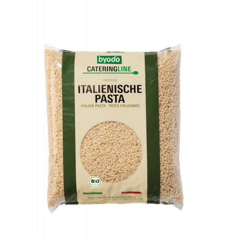 Verpackung mit italienischer Pasta. Aufschrift: byodo, Cateringline, Italienische Pasta, Bio-Siegel.