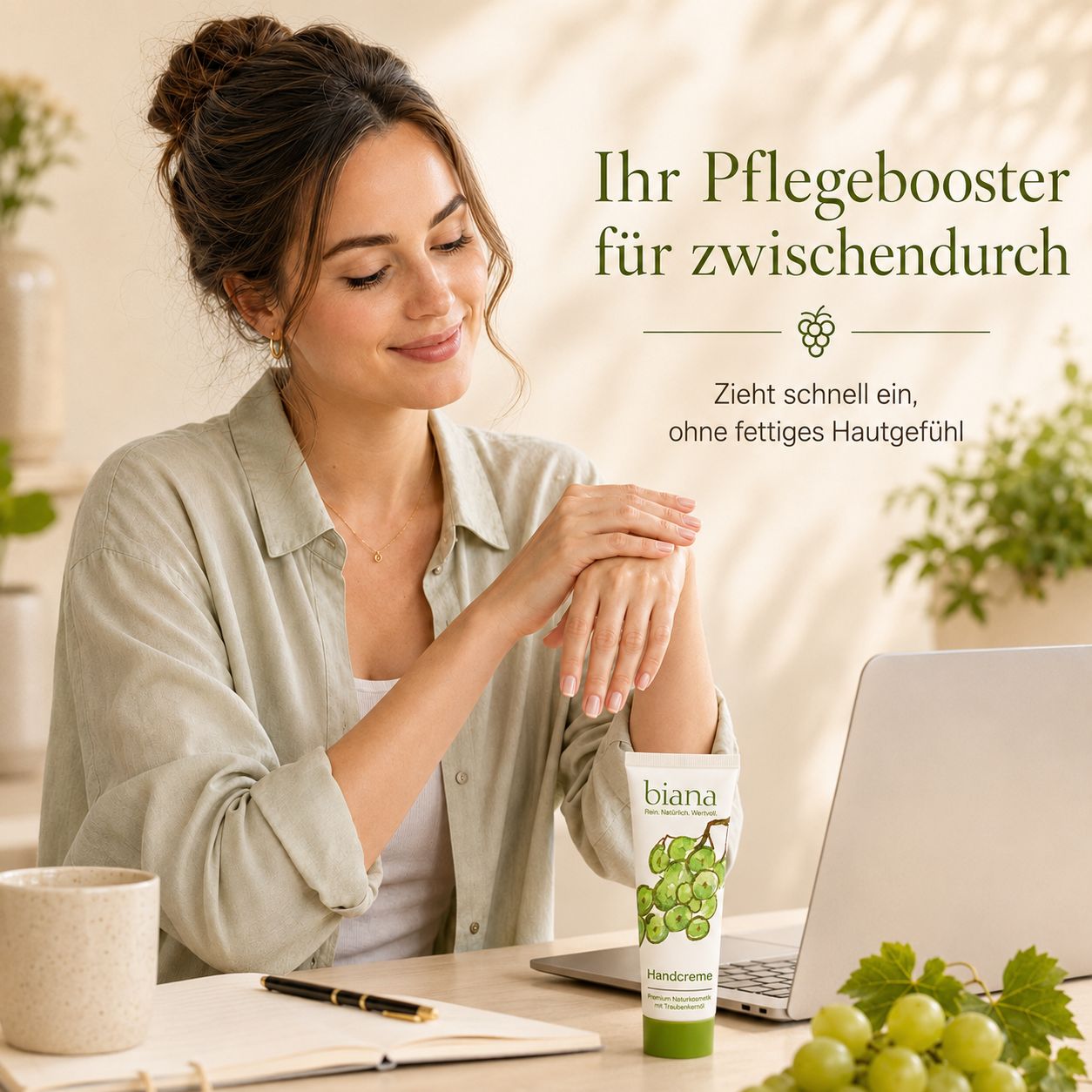 Frau trägt Handcreme auf, neben einem Laptop. Biana Handcreme Tube mit grünen Trauben.