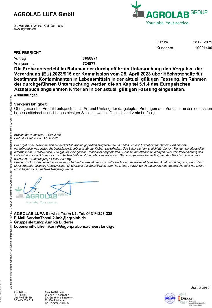 Fortsetzung des Prüfberichts von AGROLAB LUFA GmbH. Enthält Angaben zur Konformität und Verkehrsfähigkeit des Produkts.