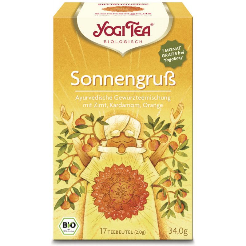 Yogi Tea Sonnengruß Bio-Tee. Gelbe Verpackung mit Logo, Text und Illustration. 17 Teebeutel, 34,0g. Bio-Siegel.