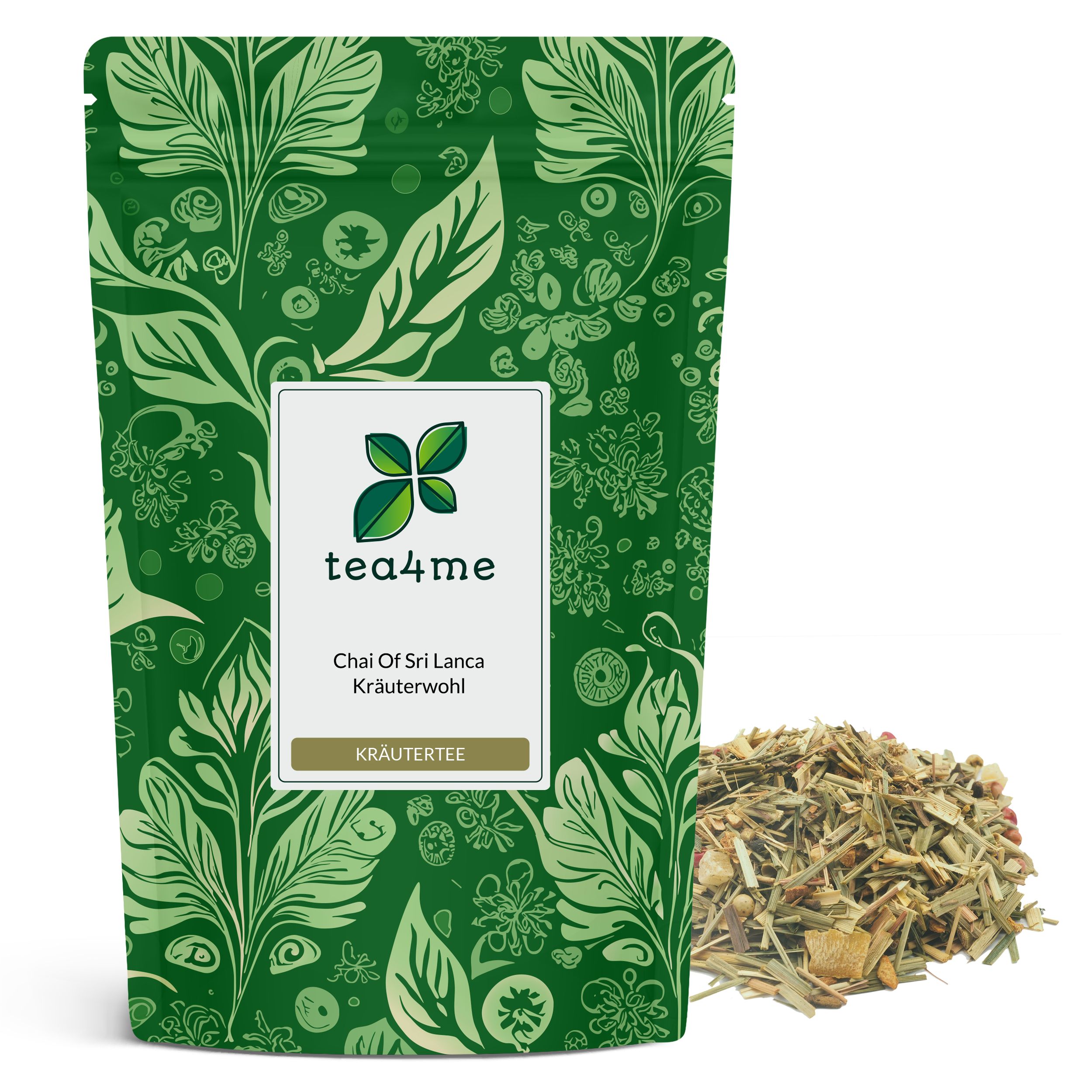 Grüner Beutel mit Kräutertee. Aufschrift: tea4me Chai Of Sri Lanca Kräuterwohl Kräutertee. Daneben loser Tee.