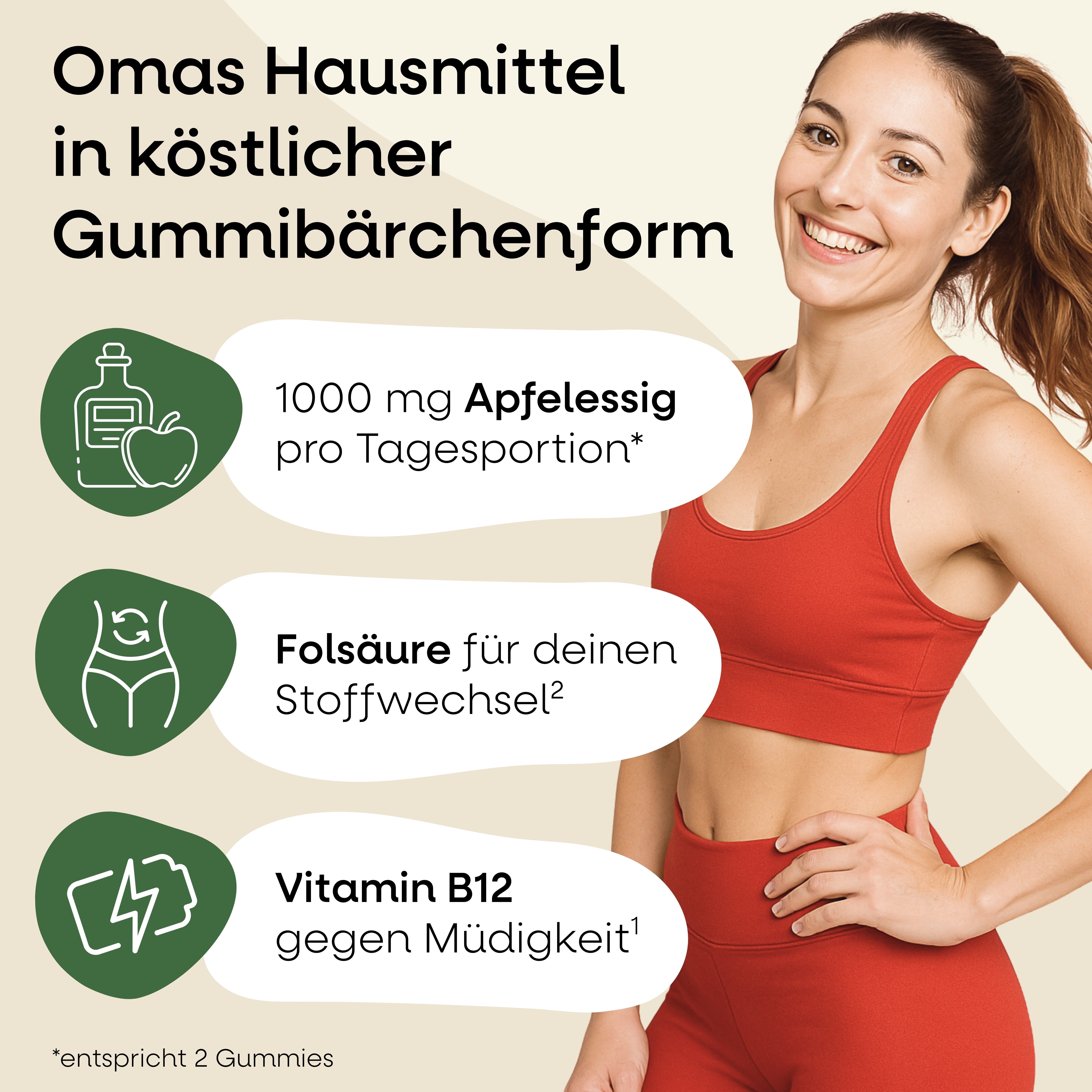 Apfelessig Gummies I 1000 mg Apfelessigpulver, Folsäure, Vitamin B12