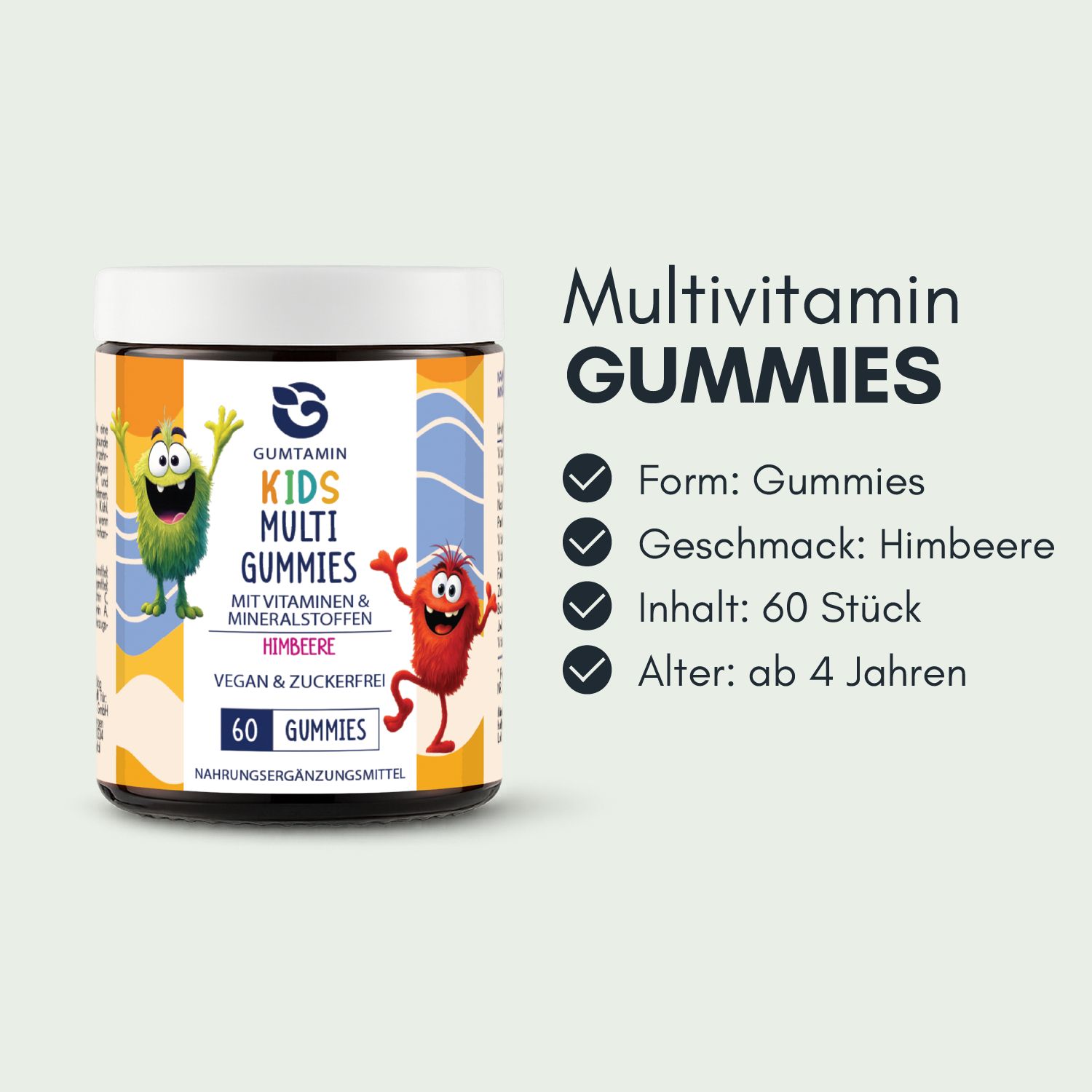 Gummibärchen-Dose mit Aufschrift "Gumtamin Kids Multi Gummies". Enthält 60 Gummis, Himbeergeschmack, ab 4 Jahren.