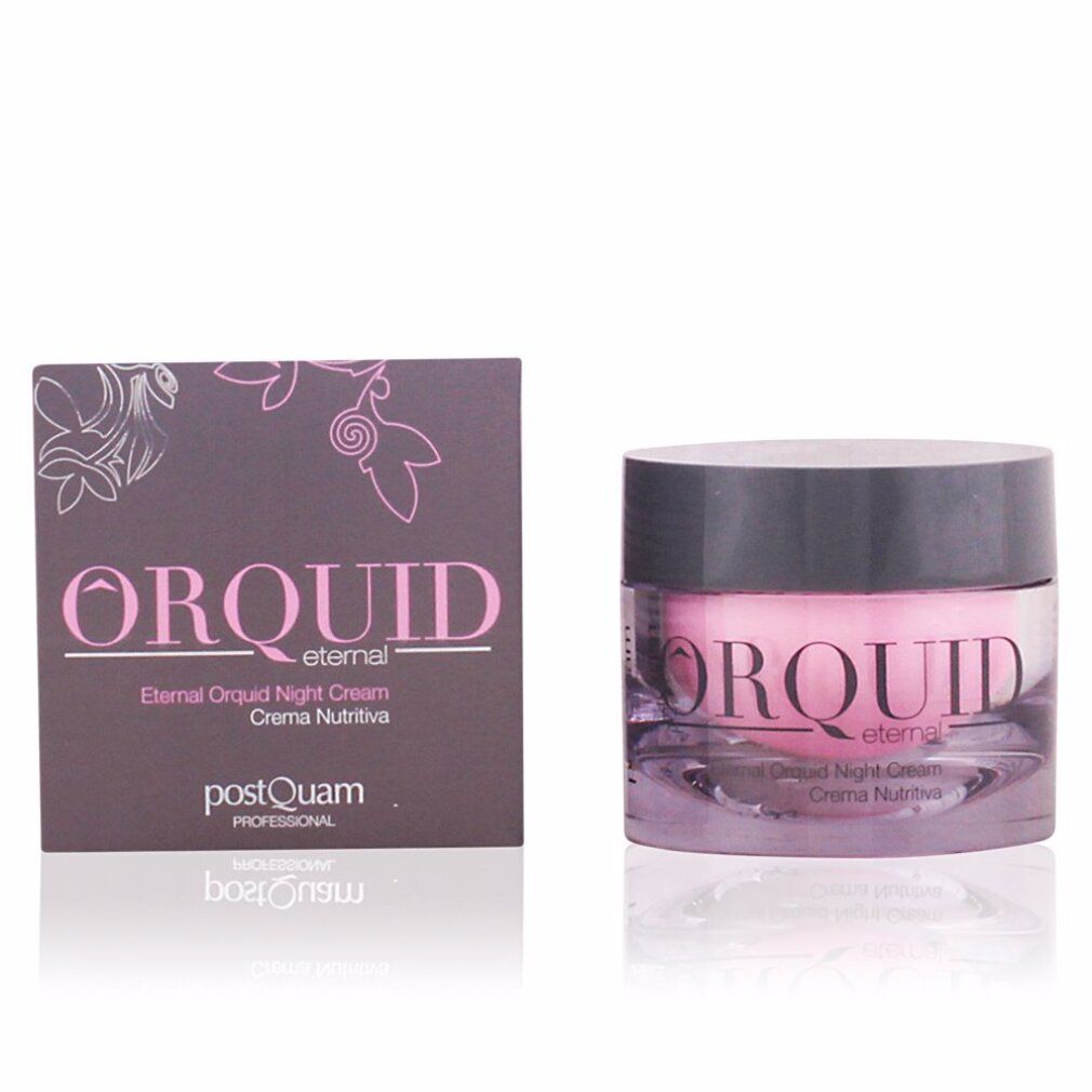 Creme-Tiegel und Schachtel. Aufschrift ORQUID. Text: Eternal Orchid Night Cream. Marke: Postquam.
