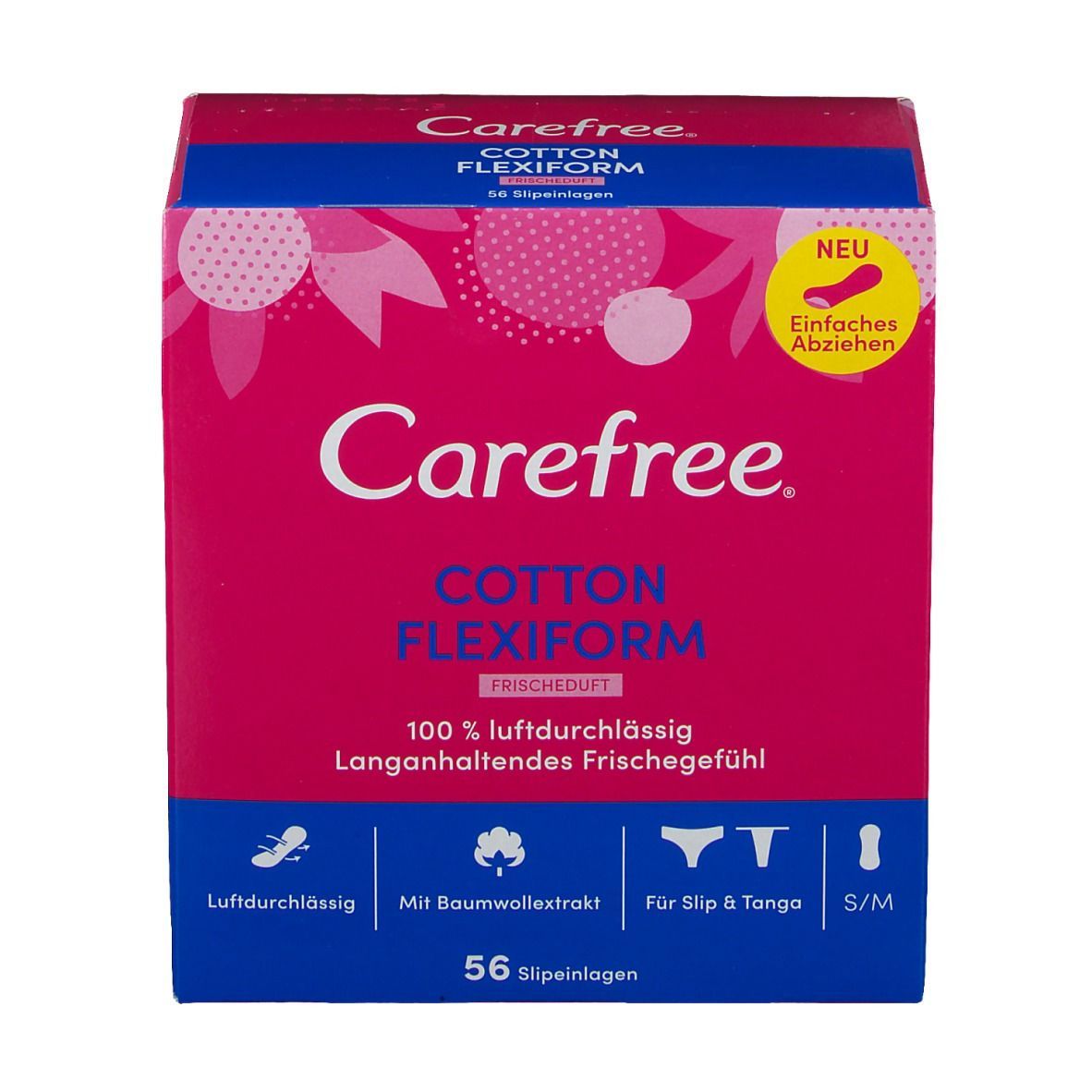 Carefree Cotton Flexiform Packung. Rosa-blaue Verpackung mit Produktinformationen und 56 Slipeinlagen. Mit Frischeduft.