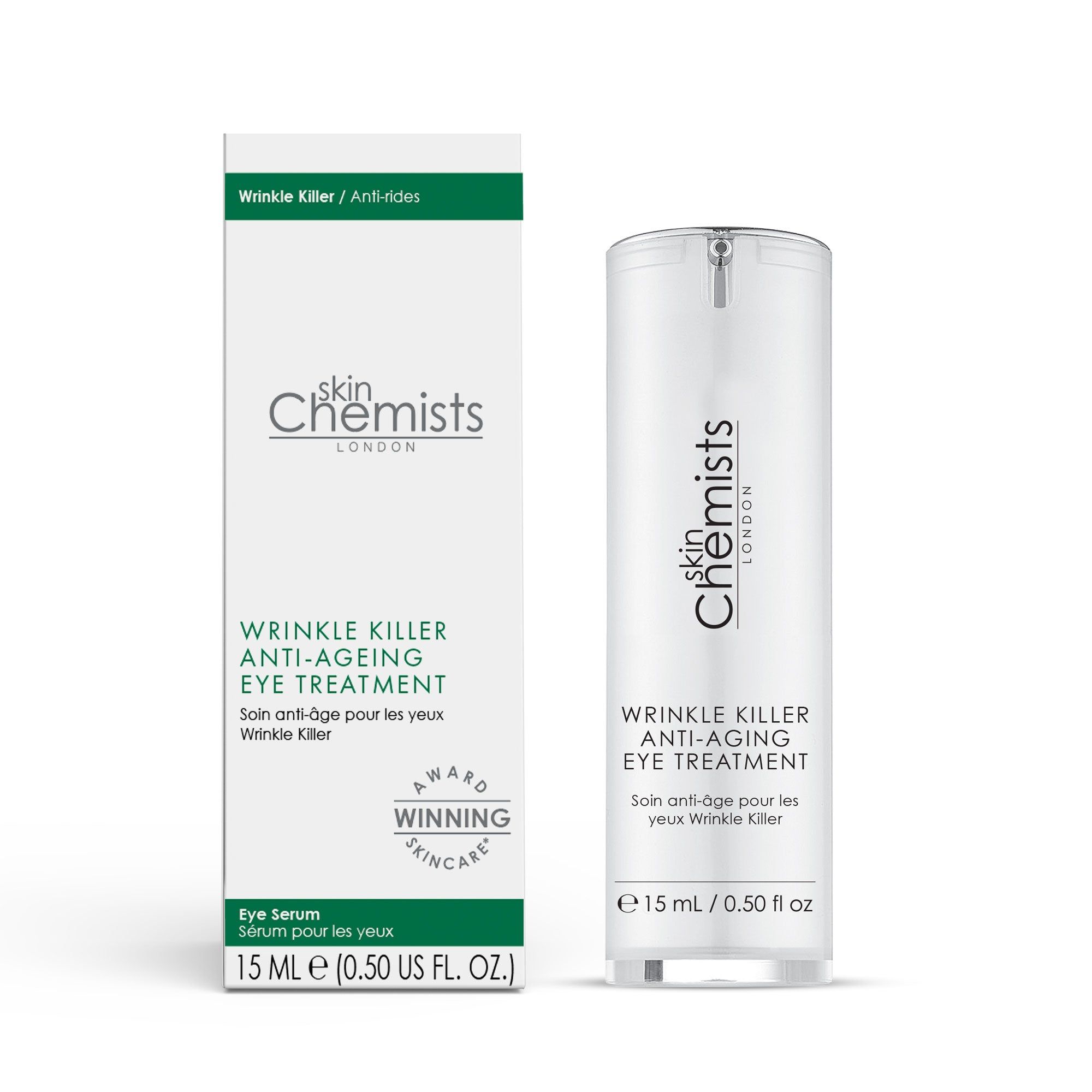Produkt und Verpackung. Weißer Karton und zylindrische Augenbehandlung. Text: Wrinkle Killer Anti-Aging Eye Treatment, 15 ml / 0.50 US fl oz. Auszeichnung.