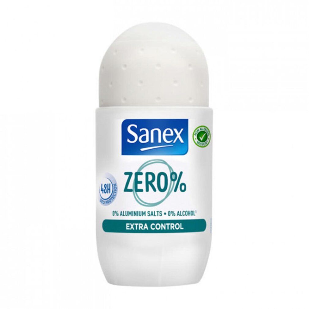 Weißer Roll-on-Deo mit weißem Deckel. Aufschrift: Sanex Zero Extra Control. Grün-weiße Beschriftung. 0% Aluminiumsalze, 0% Alkohol.