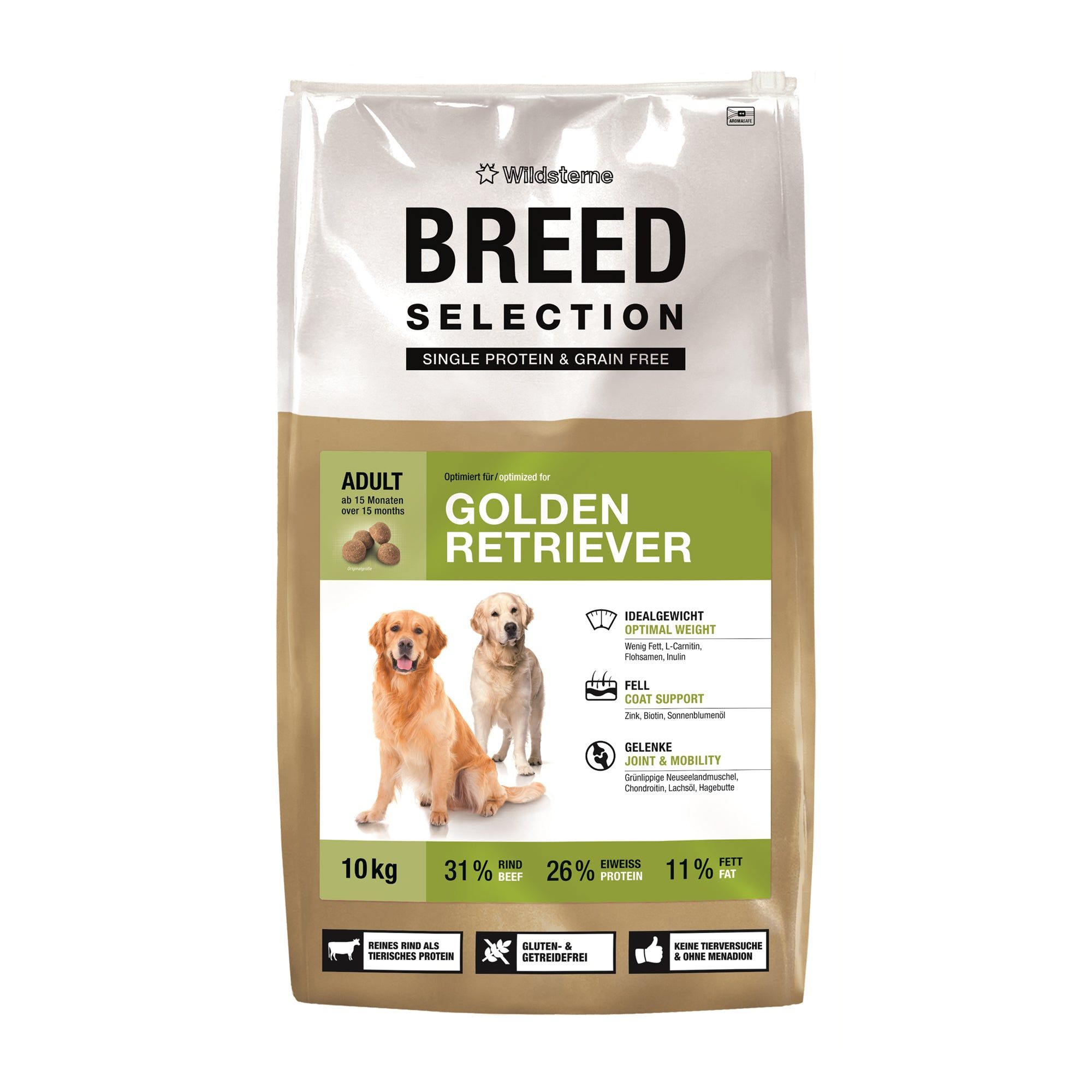 Wildsterne Breed Selection Golden Retriever Hundefutter, 10 kg Beutel. Enthält Rindfleisch, Protein und Fett.