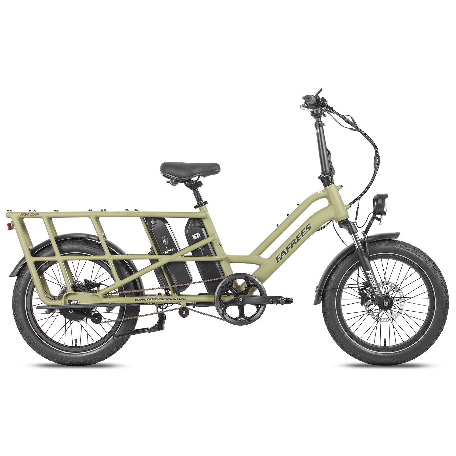 Grüne Fafrees FF20 CUV E-Bike. Gepäckträger, zwei Batterien, Frontlicht, schwarze Reifen und Sattel.