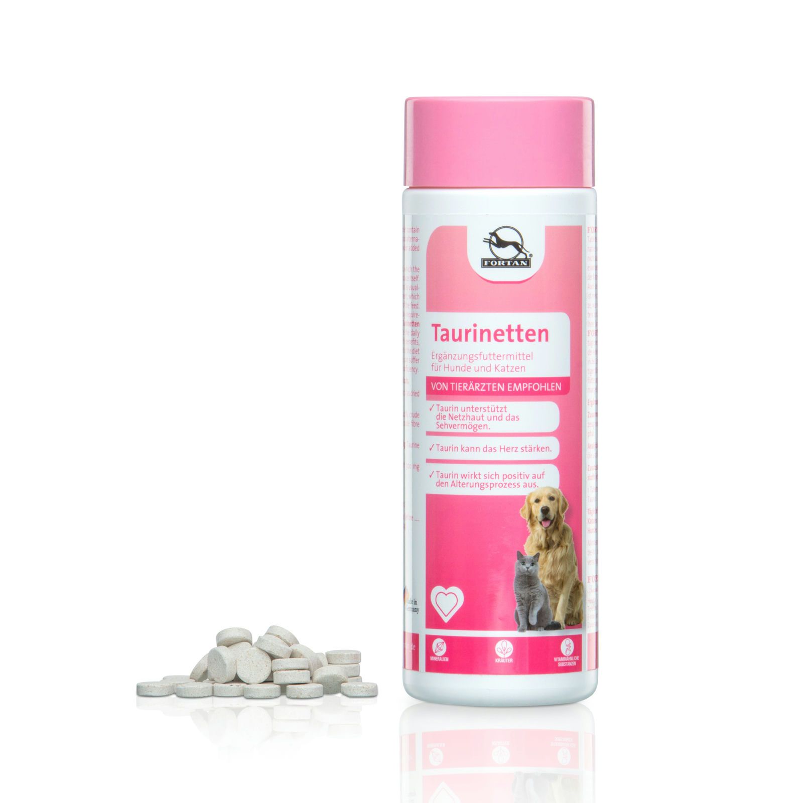 Flasche mit rosa Deckel und Tabletten daneben. Aufschrift: Taurinetten. Abbildung von Hund und Katze. Empfohlen von Tierärzten.