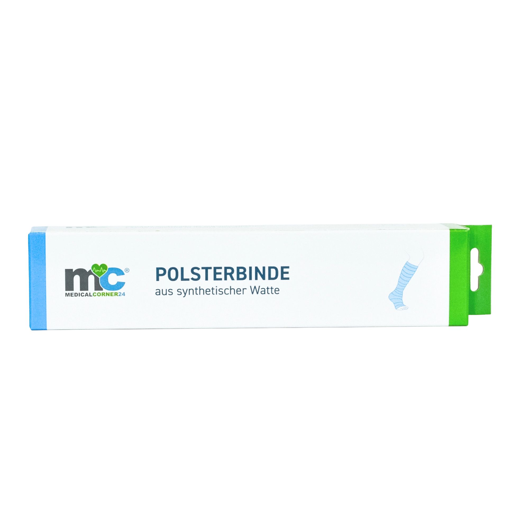 Verpackung der Polsterbinde aus synthetischer Watte. Blau-weiße Schachtel mit grünem Akzent. Logo und Produktbezeichnung sichtbar.