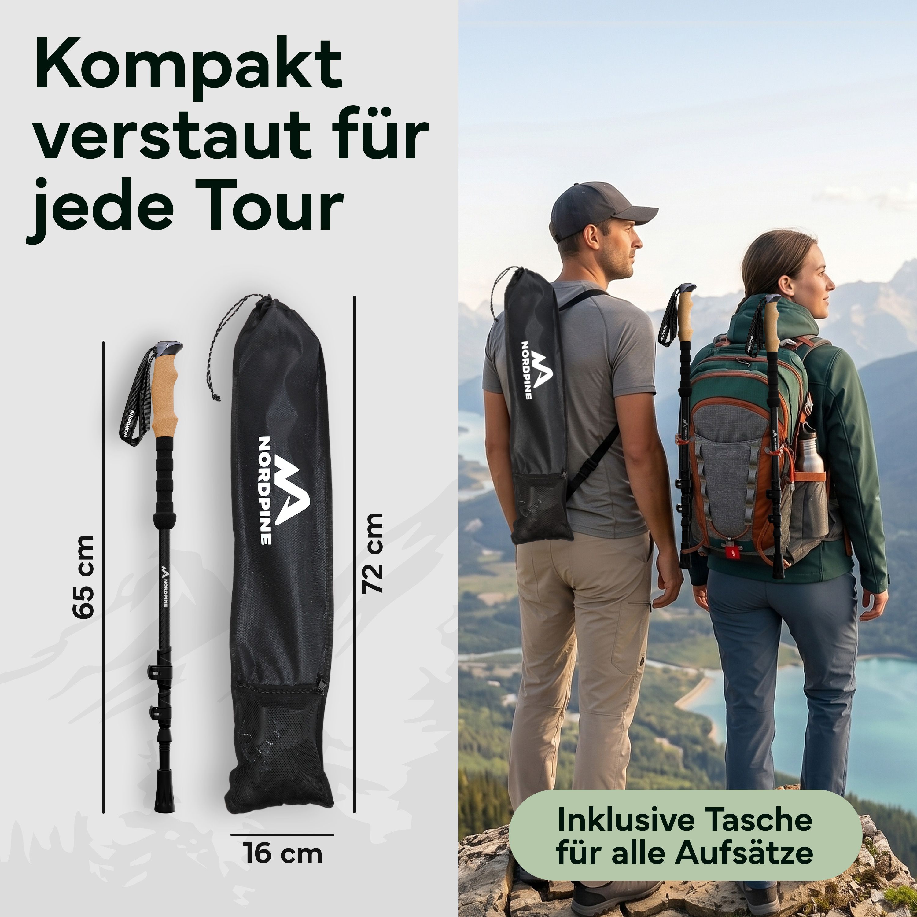 Kompakt verstaute Teleskop-Wanderstöcke (65 cm) in einer 72 cm langen Tragetasche.