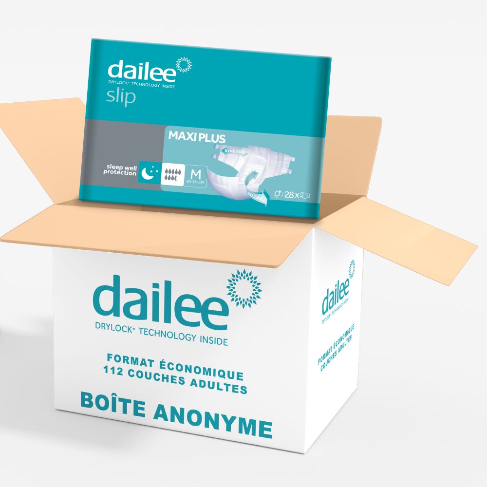 Boîte avec Dailee Slip Maxi Plus. 112 unités. Emballage dans la boîte. Boîte anonyme avec informations sur le produit.