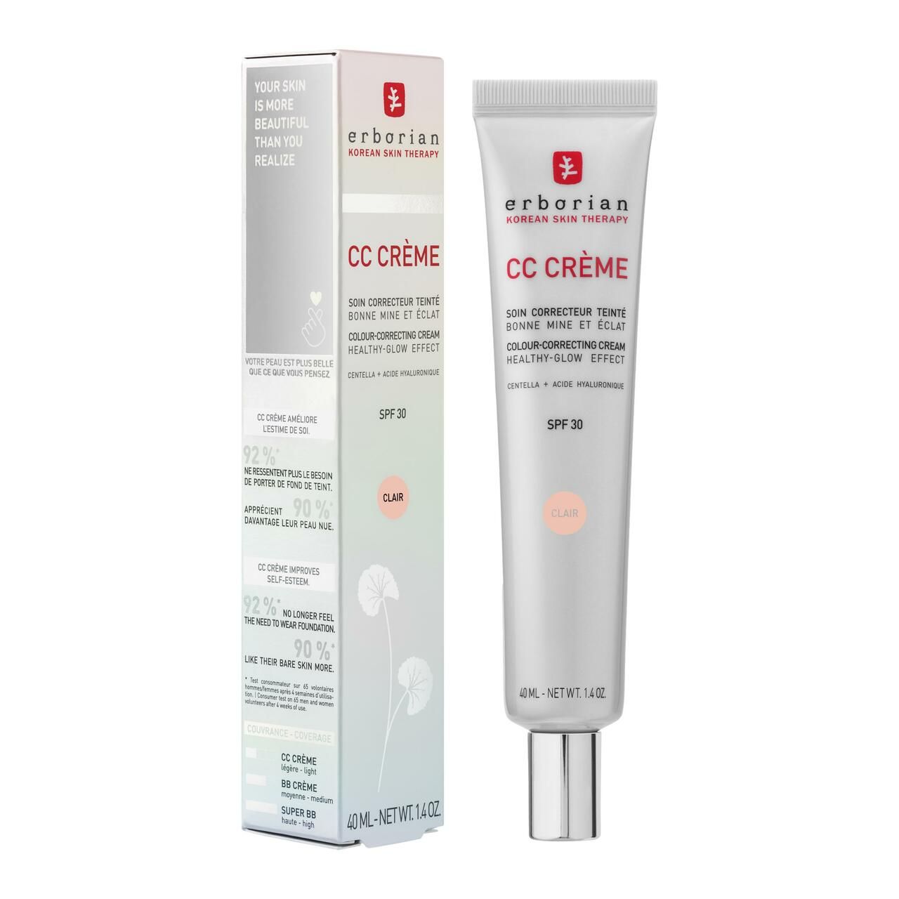 Erborian CC Crème Clair und Verpackung. Farbkorrigierende Creme. Mit SPF 30. 40 ml. Helle Farbnuance.