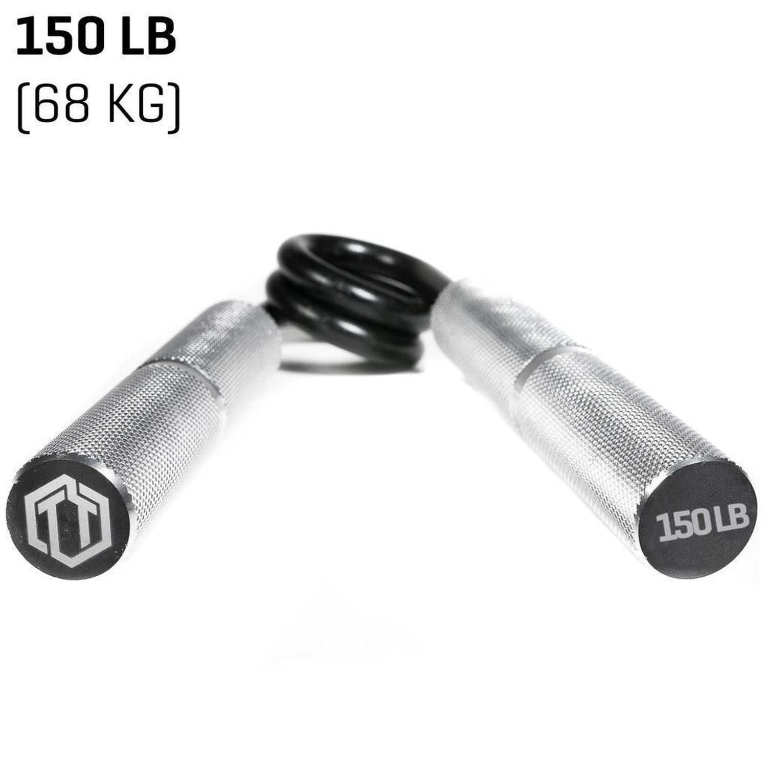 Fingerhantel mit silbernen Griffen und schwarzer Feder. Auf einem Griff steht "150 LB".