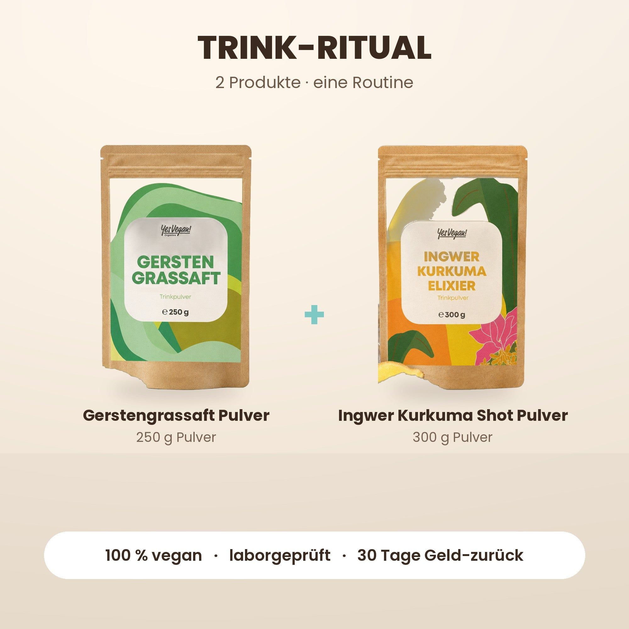 Zwei Beutel mit Pulver: Gerstengrassaft (250g) und Ingwer Kurkuma Elixier (300g).