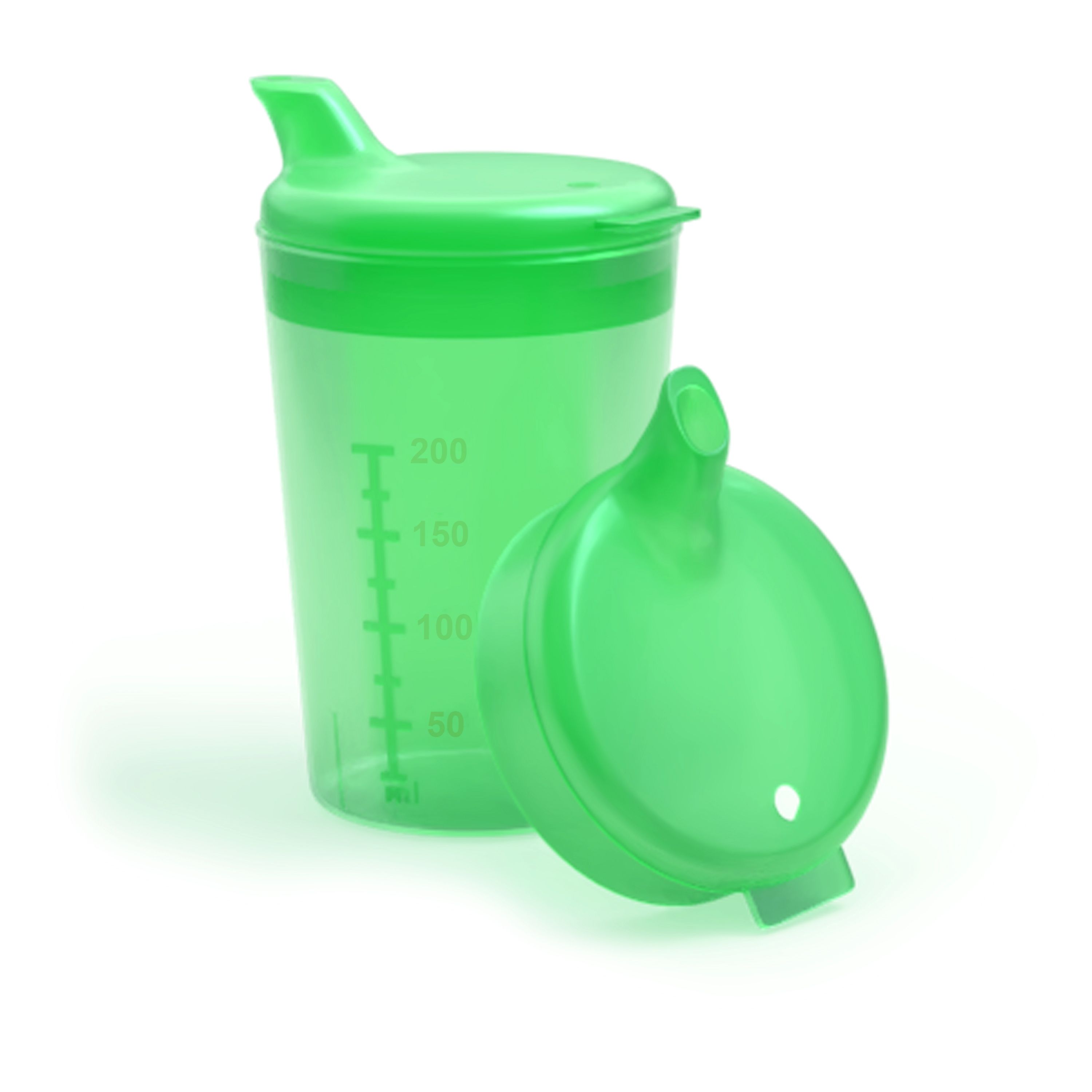 Grüner Schnabelbecher mit zwei Deckeln. Der Becher hat eine Messskala. Ein Deckel ist abgenommen.