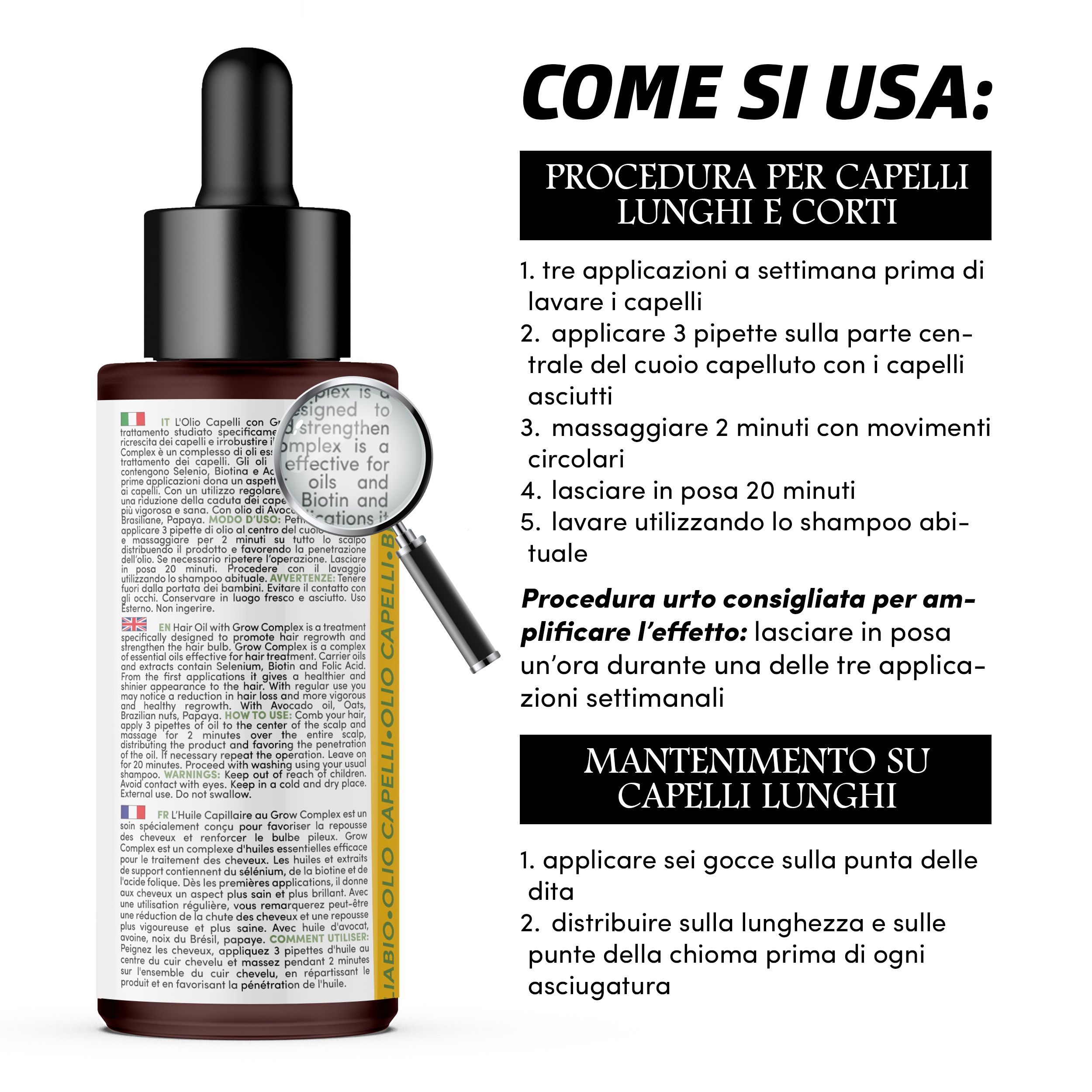 Haaröl-Flasche mit Tropfer und Lupe. Text: Come si usa: Procedura per capelli lunghi e corti. Mantenimento su capelli lunghi.