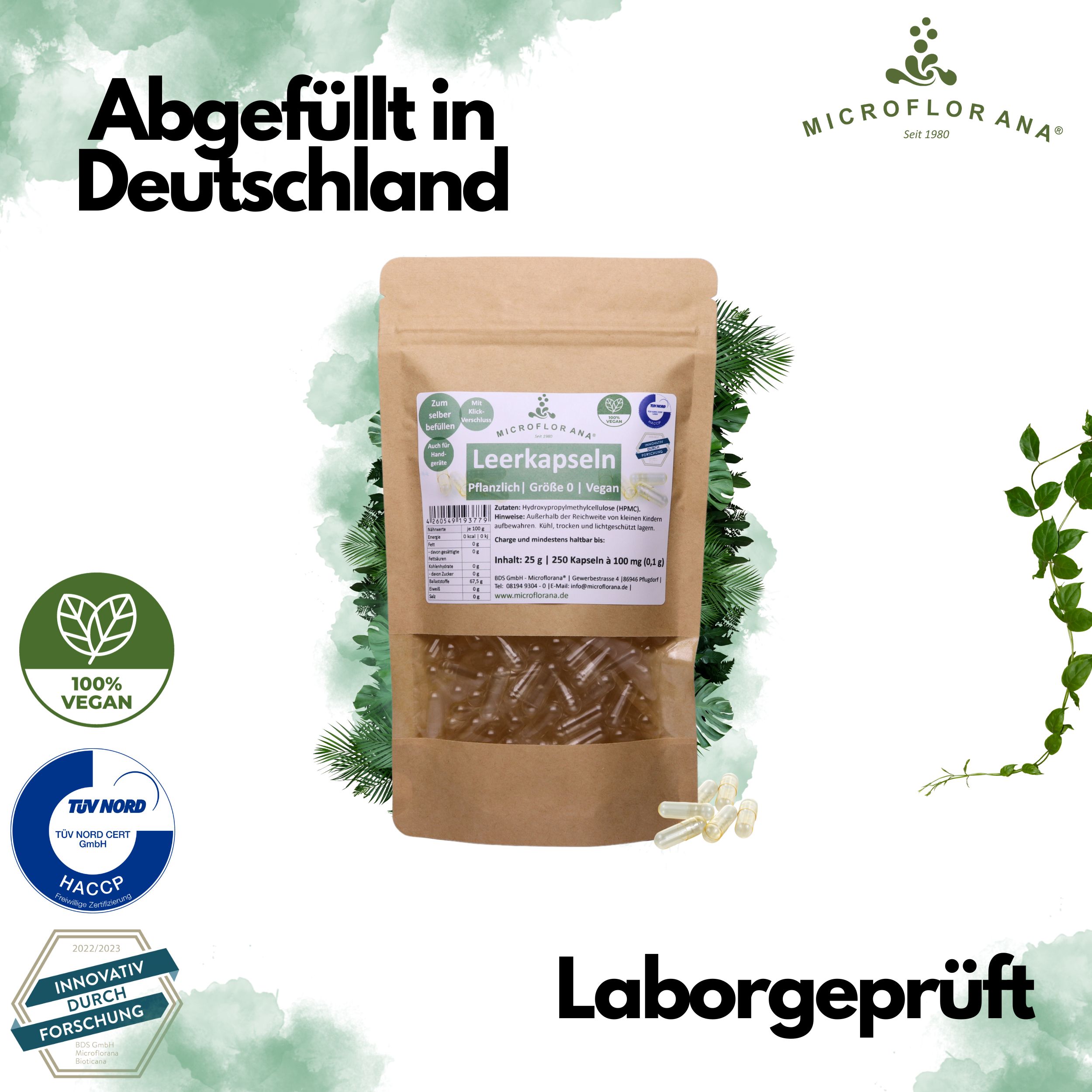 Braune Tüte mit leeren Kapseln, Label: MICROFLORANA, Leerkapseln, Größe 0, pflanzlich, vegan. Siegel: 100% vegan, TÜV NORD, HACCP.