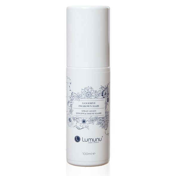 Weiße Sprühflasche mit Aufschrift "Goodbye Ingrown Hair". Marke Lumunu. 100ml.