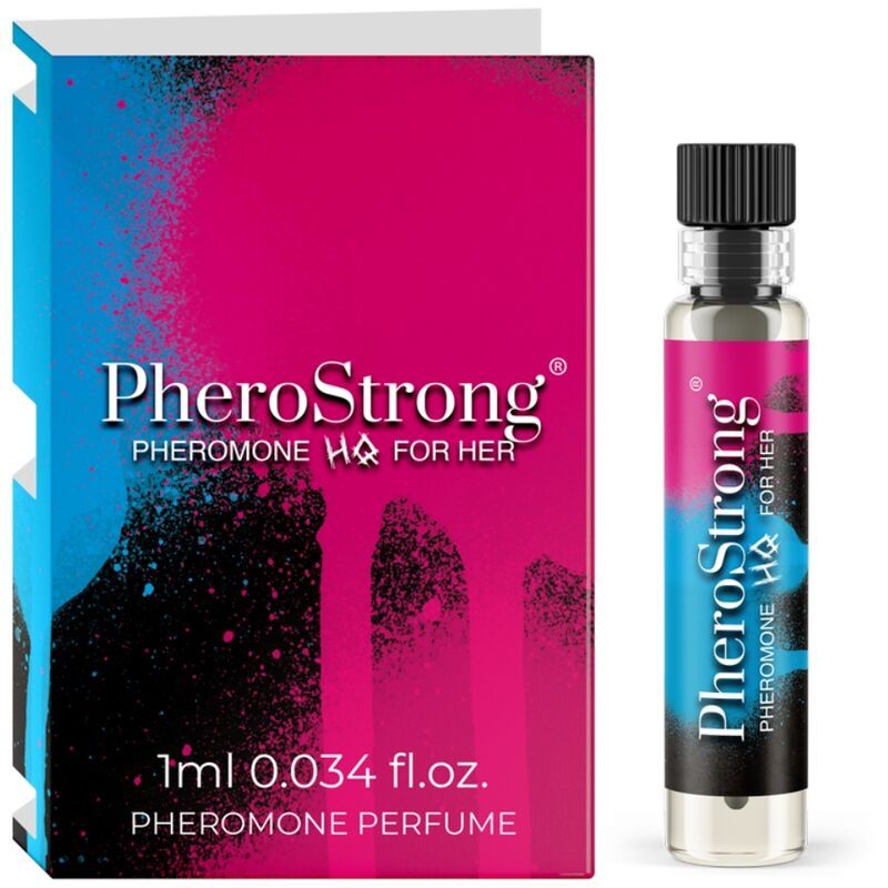 PheroStrong HQ Pheromon-Parfum für Sie, 1ml. Flakon und Verpackung in Pink und Blau.