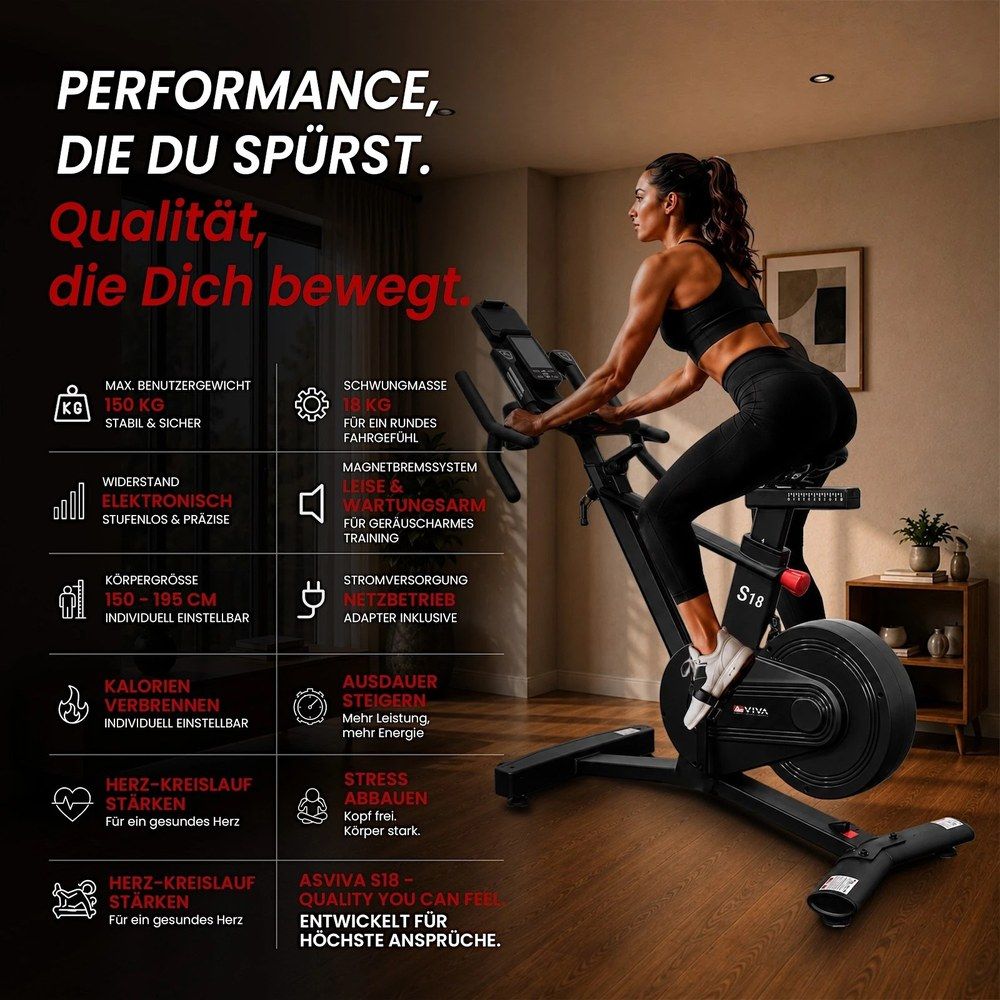 Speedbike mit Frau, die darauf trainiert. Technische Daten und Vorteile sind auf Deutsch aufgelistet.