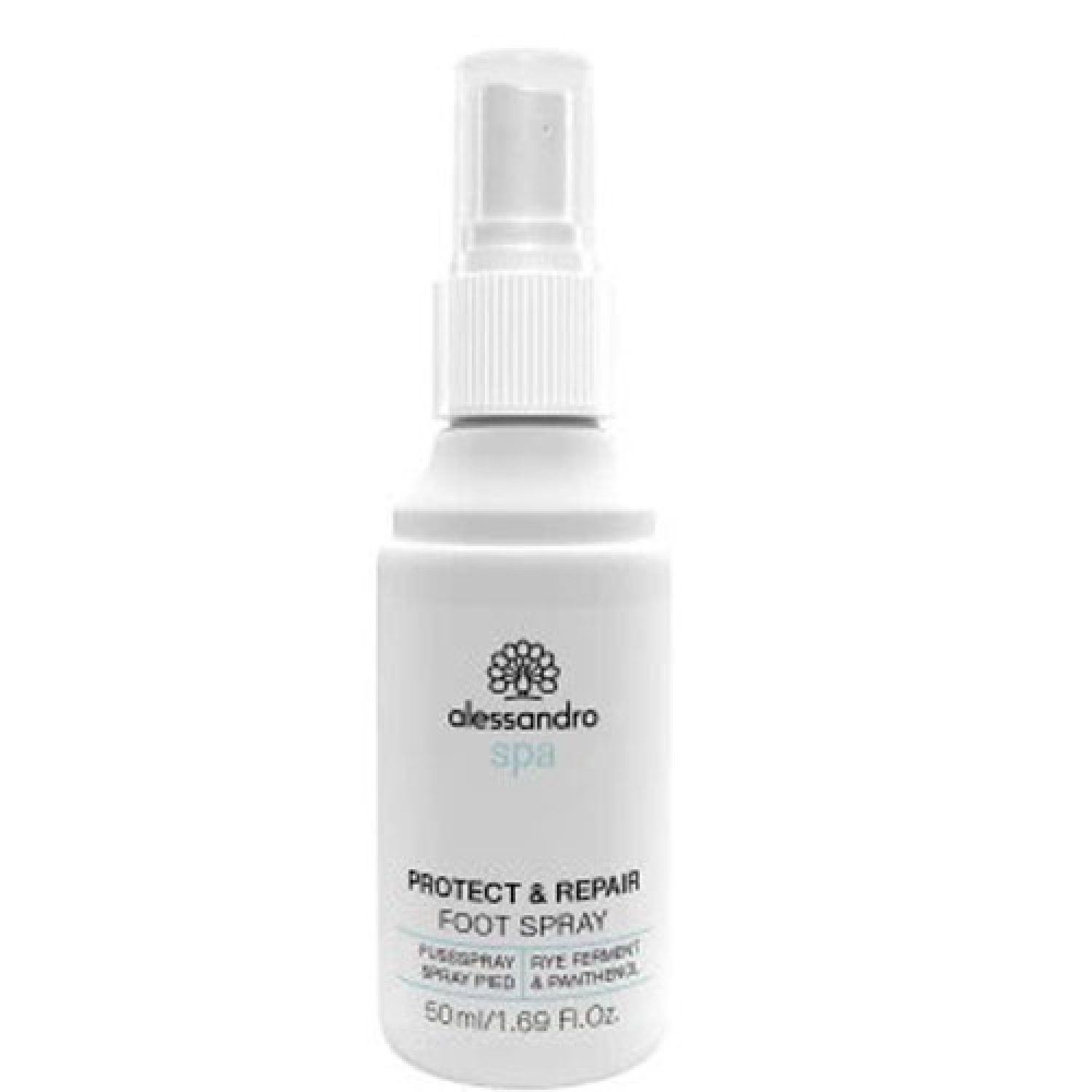 Weiße Sprühflasche mit Aufschrift. Produktname: PROTECT & REPAIR FOOT SPRAY. Marke: alessandro spa. Volumen: 50 ml.