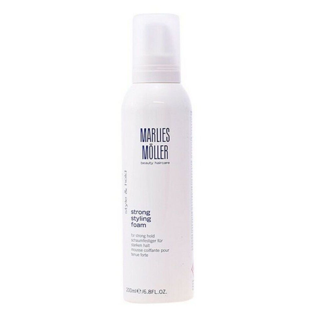 Weißes Haarstyling-Schaum-Fläschchen mit blauem Logo. Text: Marlies Möller, Style & Hold, strong styling foam. 200ml/6.8 fl.oz.