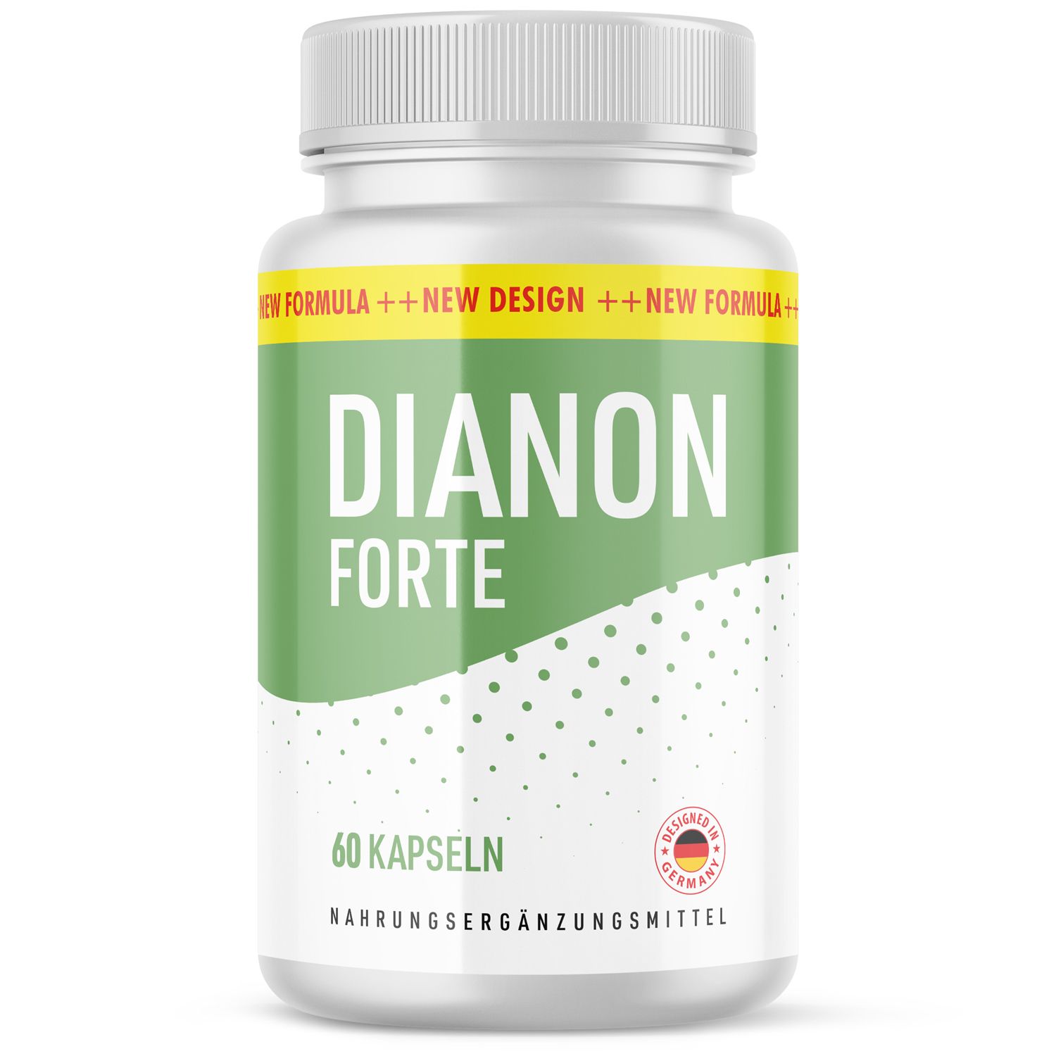 Weiße Kapsel-Dose mit grünem Etikett. Aufschrift: DIANON FORTE, 60 Kapseln. Text: Nahrungsergänzungsmittel. Mit Logo: Made in Germany.
