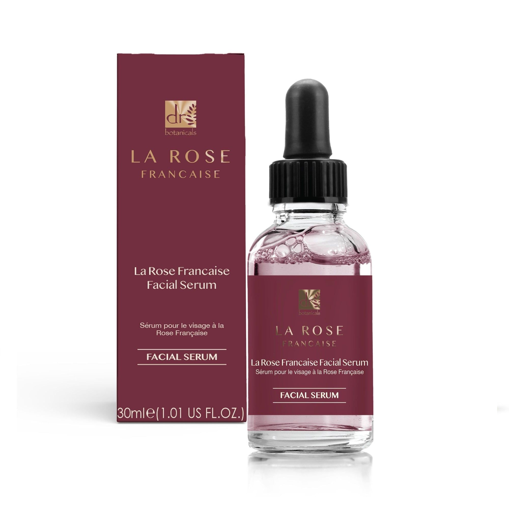 Glasflasche mit Gesichtsserum und Verpackung. Aufschrift: La Rose Francaise, Facial Serum.