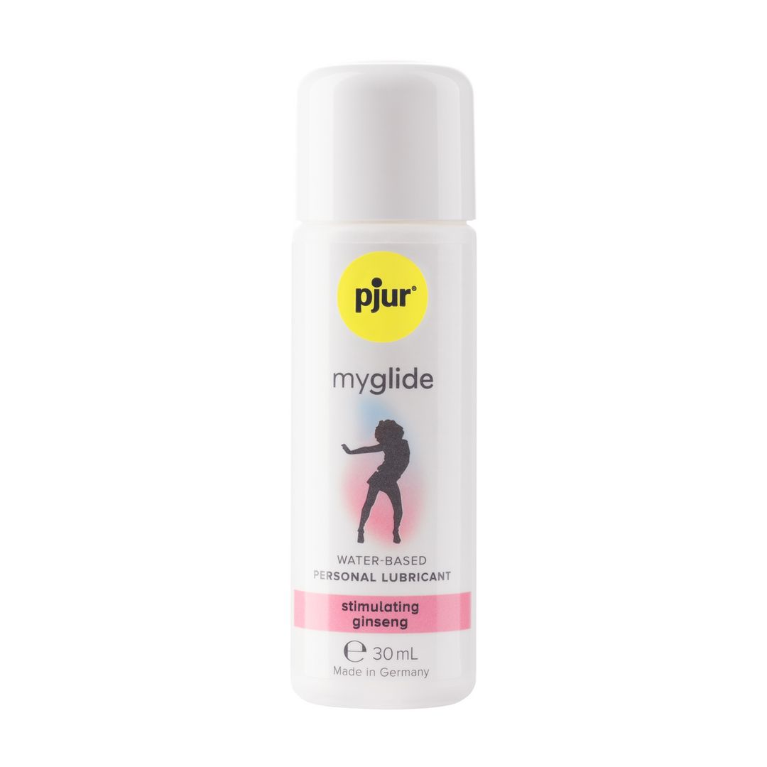 Weiße Flasche mit weißem Deckel. Gelbes Logo, rosa Streifen. Text: pjur myglide, WATER-BASED PERSONAL LUBRICANT, stimulating ginseng, e 30 ml.