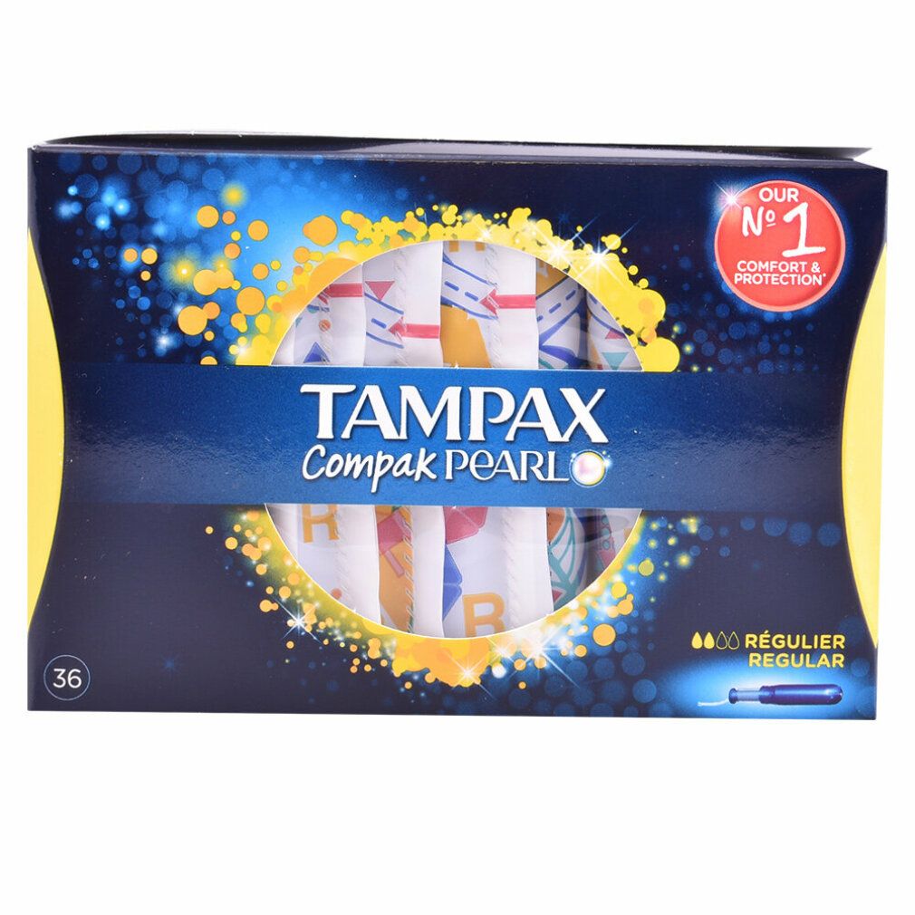 Packung Tampax Compak Pearl Regular. 36 Stück. Blaue und gelbe Verpackung mit Produktnamen und Logo. 'Our No. 1' Aufkleber.