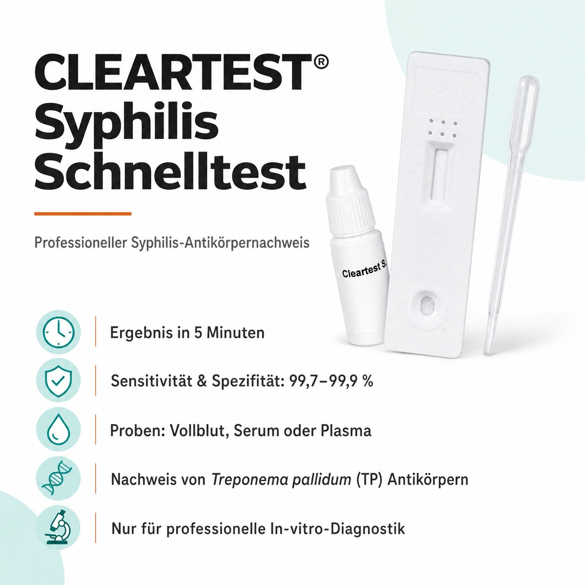 Cleartest® Syphilis Schnelltest: Kassette, Pufferlösung, Pipette. Nachweis von Treponema pallidum.