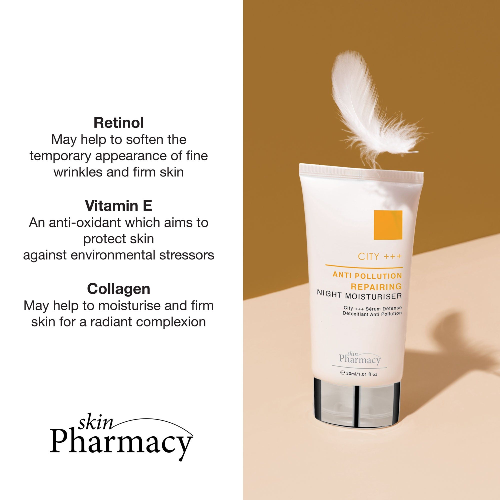 Weiße Tube, silberner Deckel. Aufschrift: ANTI POLLUTION REPAIRING NIGHT MOISTURISER. Marke: skinPharmacy. Text über Inhaltsstoffe. Feder.