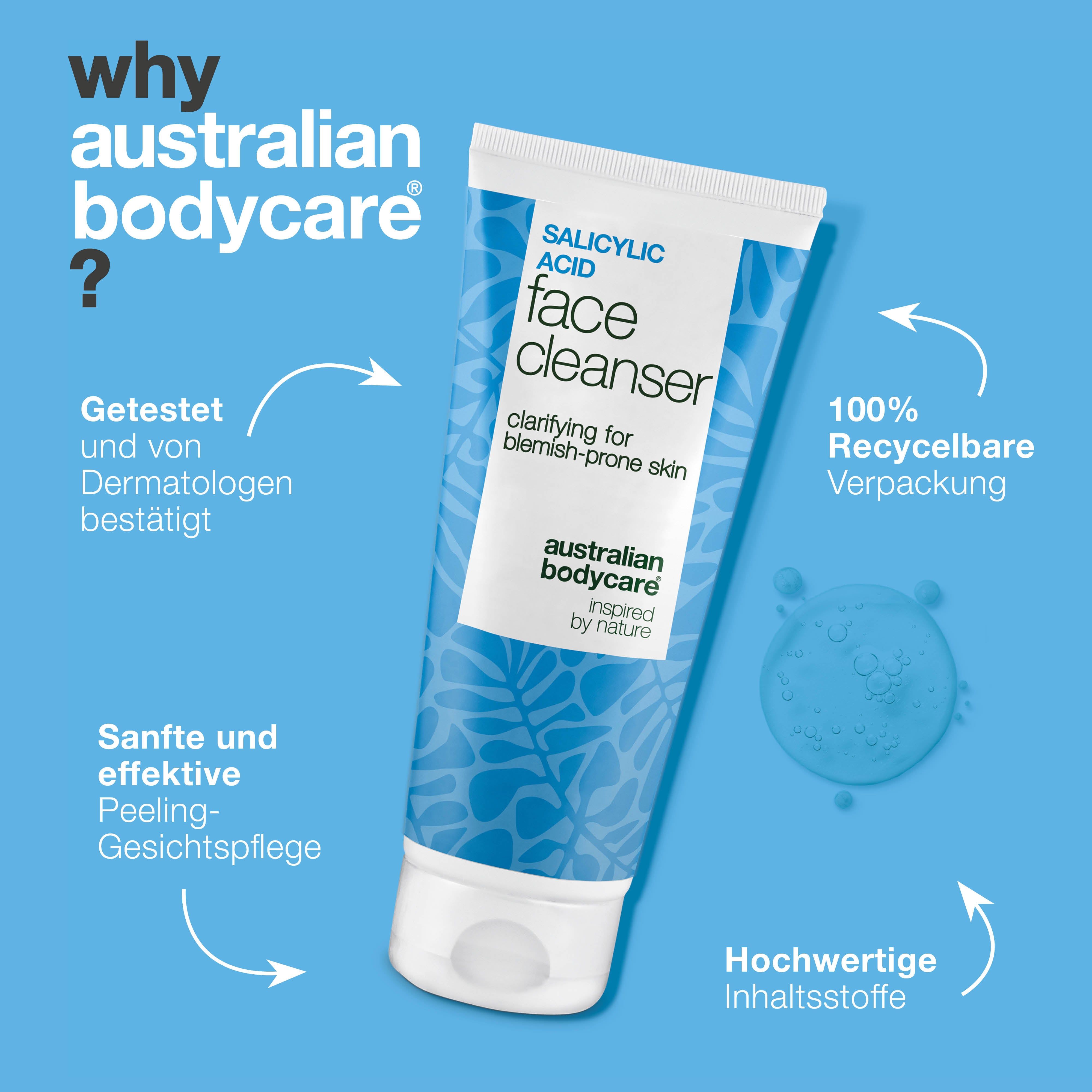 Tube "Salicylic Acid Face Cleanser". Text: Getestet, 100% recycelbar, etc. Marke: Australian Bodycare.